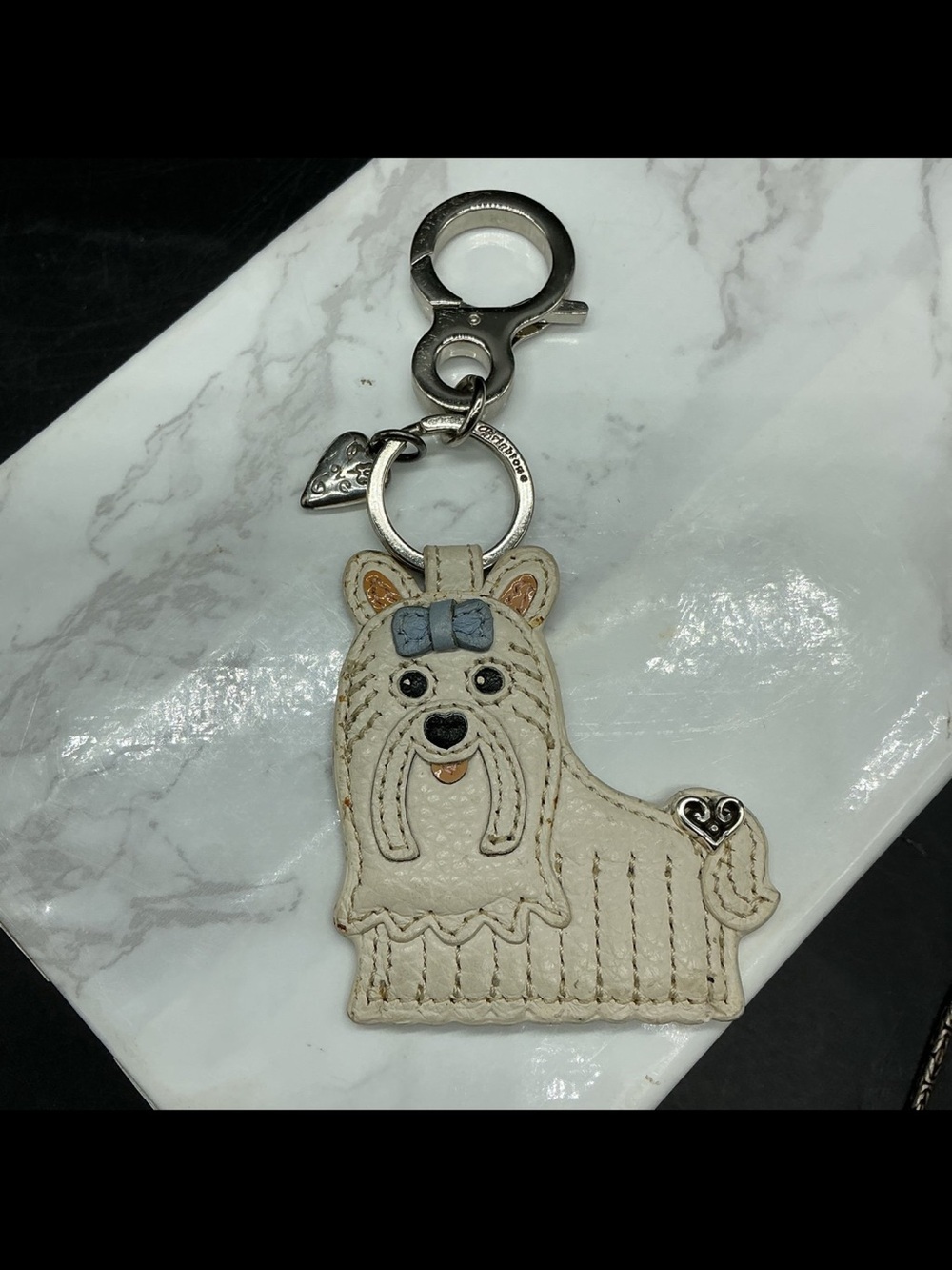 Brighton Cream Leather Dog Key Charm with Blue Bow